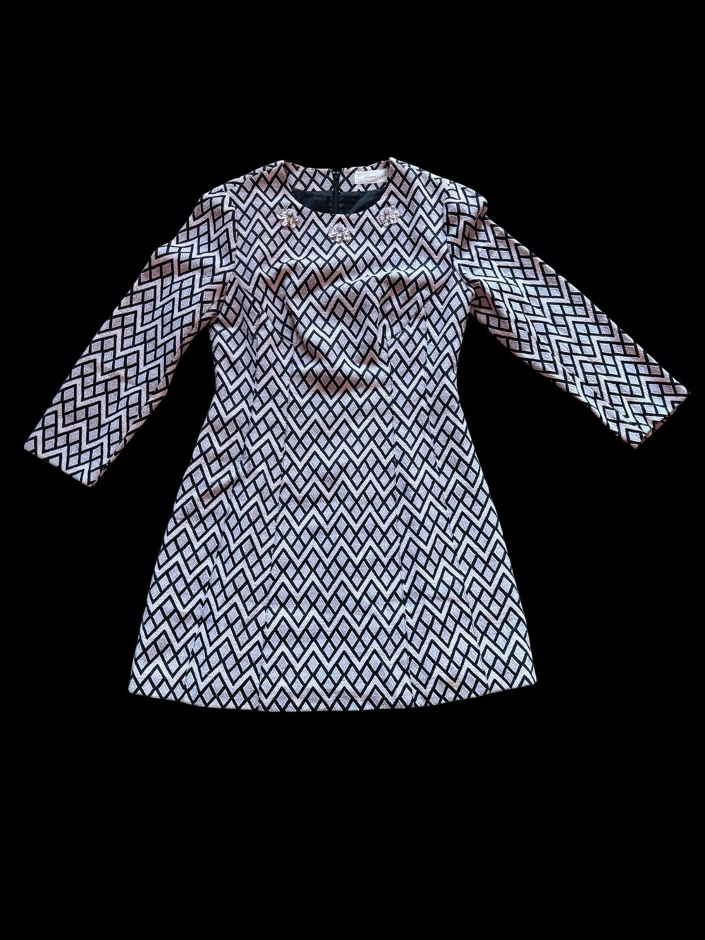 ✨Roem pink and black chevron print dress with rose beaded embellishments✨